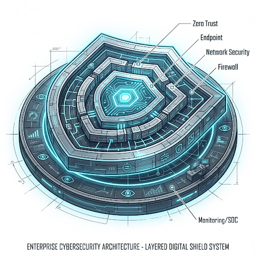 Isometric layered cybersecurity shield illustration showing firewall, endpoint, and zero-trust layers