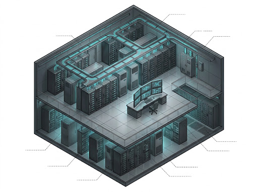 Isometric data center illustration showing server racks, cooling, and cabling