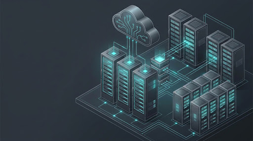 Isometric illustration of a digital infrastructure environment — server racks, network nodes, and cloud connections